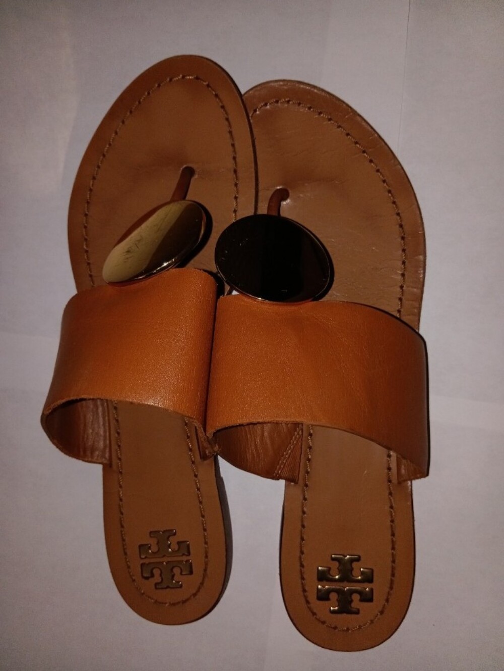 Tory Burch Tan Leather Slide Sandals with Gold Medallion